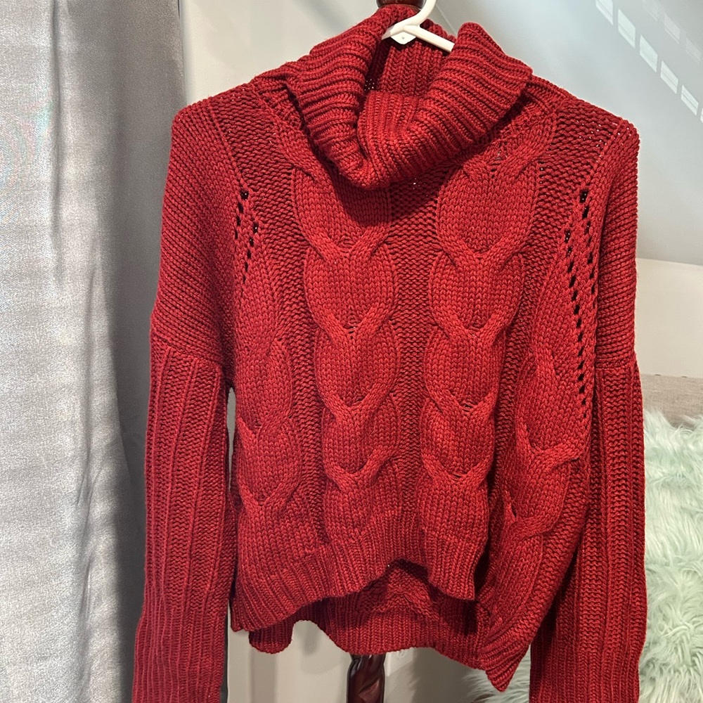 Red Cable Knit Turtleneck Sweater